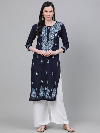 ADA Women Blue Chikankari Hand Embroidered Cotton Straight Sustainable Handloom Kurta - Distacart