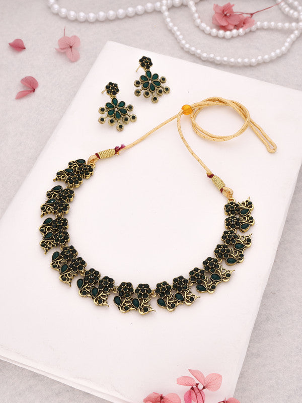 Tehzeeb Creations Luxurious Gold Polished Green Colour Diamond Choker Necklace Set With Matching Earrings - Distacart