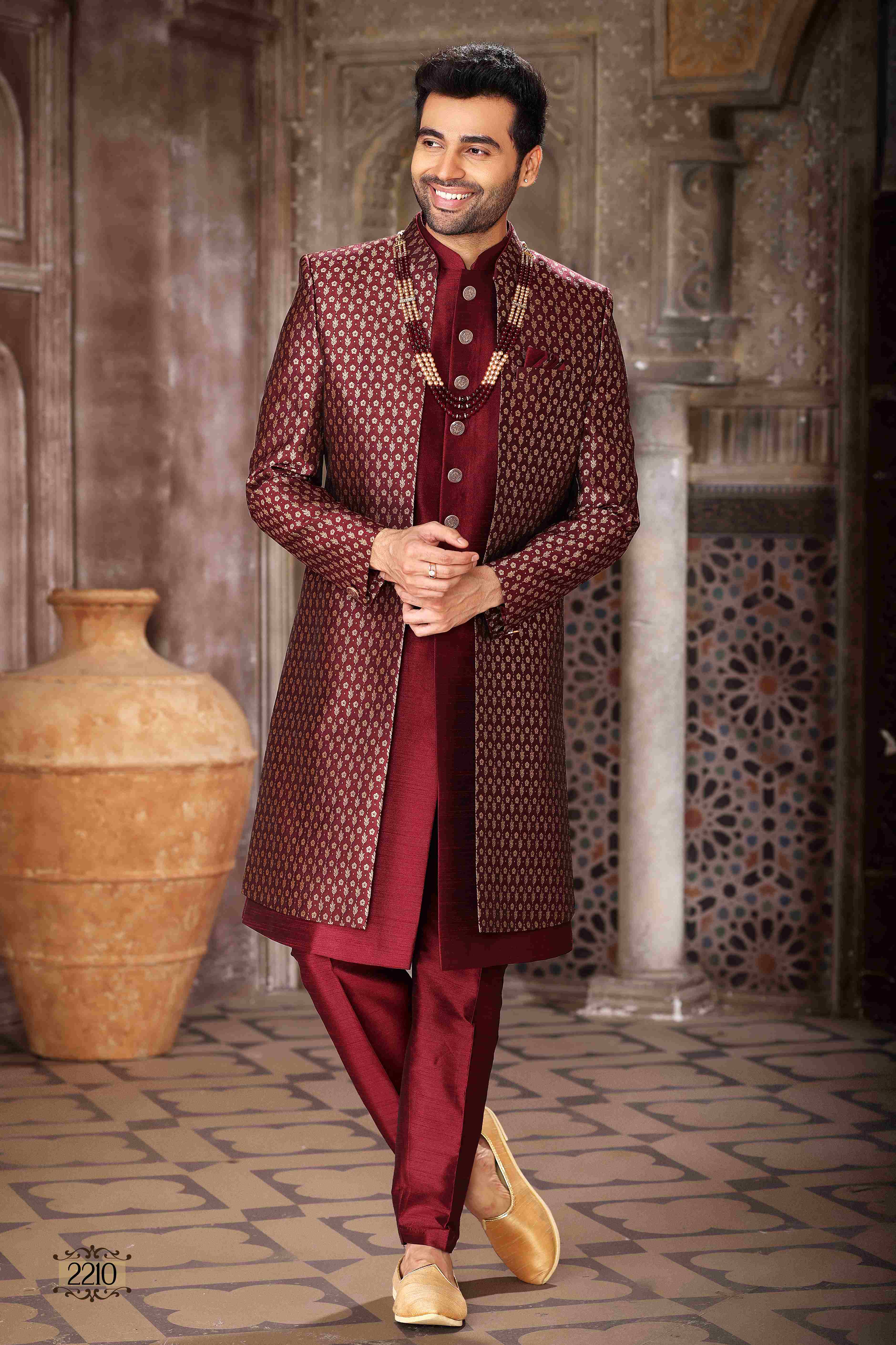 Raivat Ethnic Banarasi Jacquard and Art Silk Embroidery Work 3 Pcs Indo Jacket Set In Wine Colour