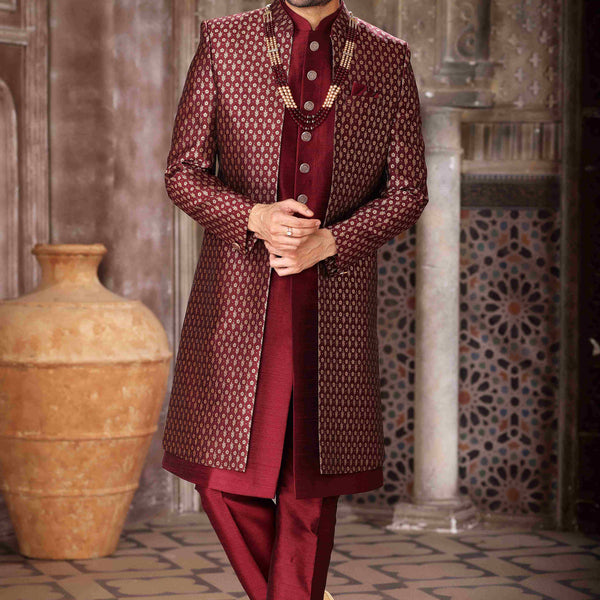 Raivat Ethnic Banarasi Jacquard and Art Silk Embroidery Work 3 Pcs Indo Jacket Set In Wine Colour