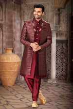 Thumbnail for Raivat Ethnic Banarasi Jacquard and Art Silk Embroidery Work 3 Pcs Indo Jacket Set In Wine Colour