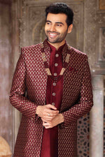 Thumbnail for Raivat Ethnic Banarasi Jacquard and Art Silk Embroidery Work 3 Pcs Indo Jacket Set In Wine Colour