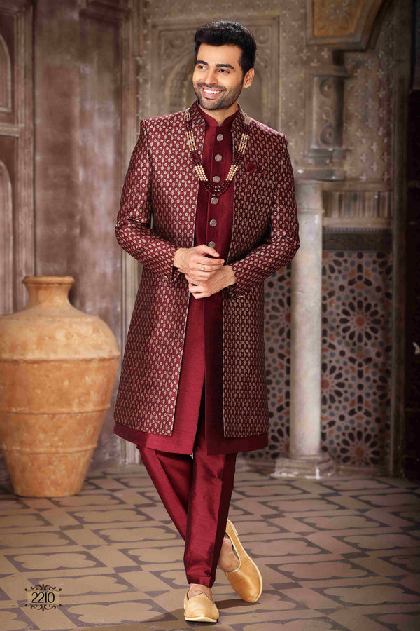 Raivat Ethnic Banarasi Jacquard and Art Silk Embroidery Work 3 Pcs Indo Jacket Set In Wine Colour
