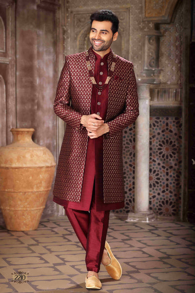 Raivat Ethnic Banarasi Jacquard and Art Silk Embroidery Work 3 Pcs Indo Jacket Set In Wine Colour