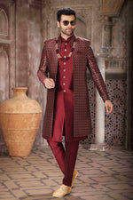 Thumbnail for Raivat Ethnic Banarasi Jacquard and Art Silk Embroidery Work 3 Pcs Indo Jacket Set In Wine Colour
