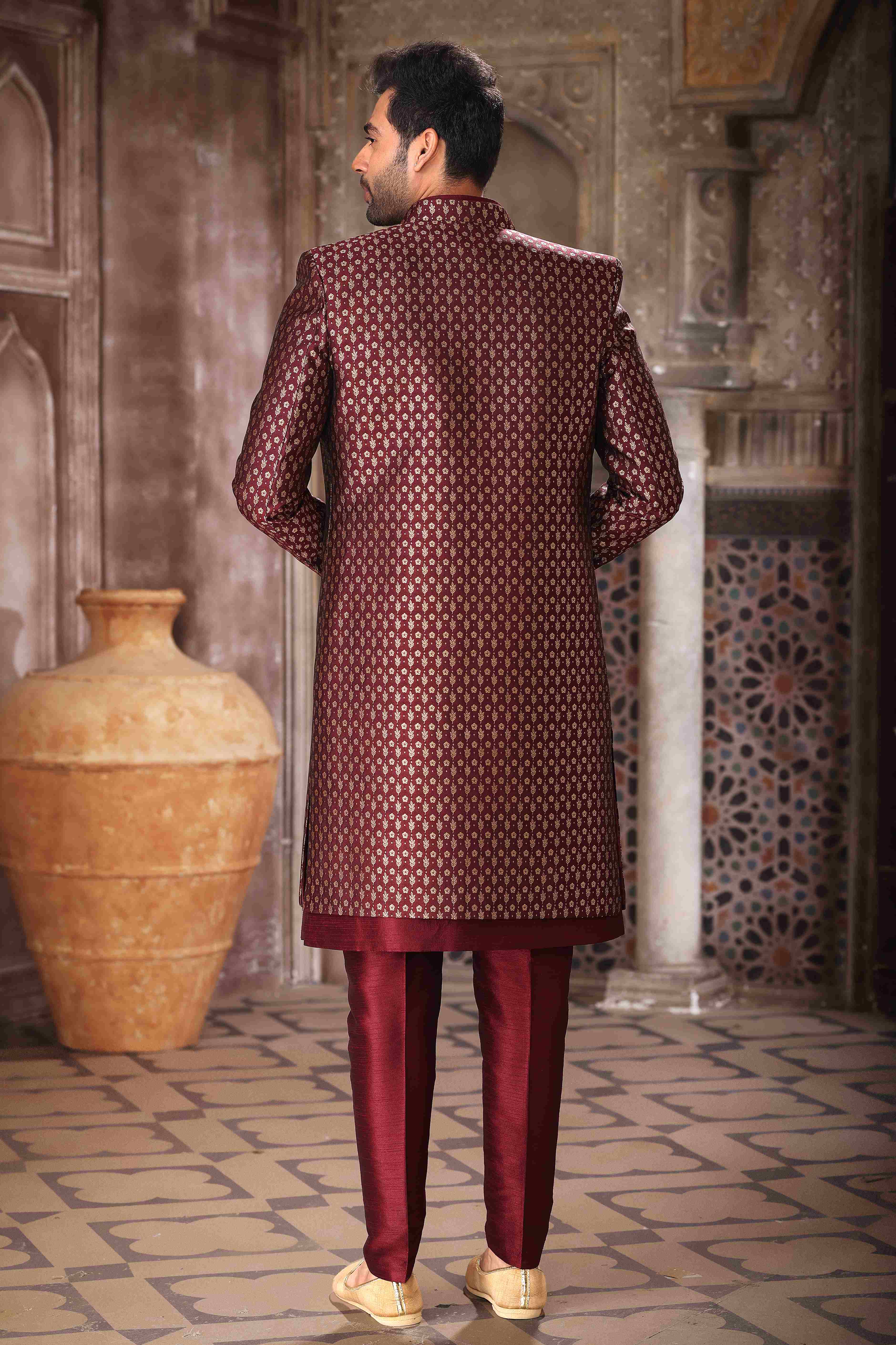 Raivat Ethnic Banarasi Jacquard and Art Silk Embroidery Work 3 Pcs Indo Jacket Set In Wine Colour