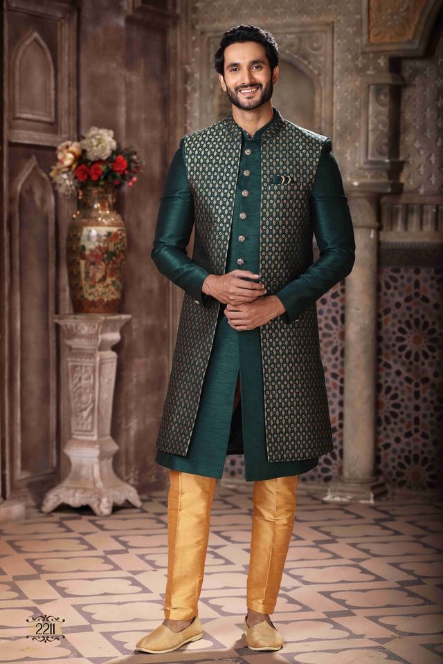 Raivat Ethnic Banarasi Jacquard and Art Silk Embroidery Work 3 Pcs Indo Jacket Set In Green Colour