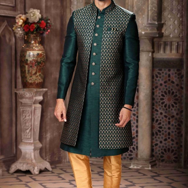Raivat Ethnic Banarasi Jacquard and Art Silk Embroidery Work 3 Pcs Indo Jacket Set In Green Colour - Distacart