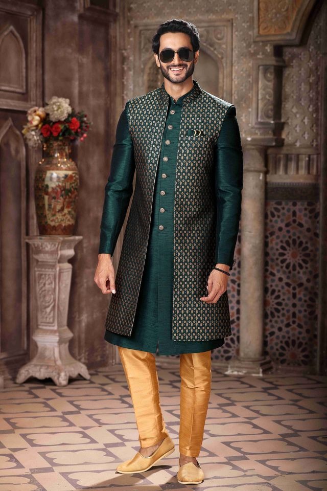 Raivat Ethnic Banarasi Jacquard and Art Silk Embroidery Work 3 Pcs Indo Jacket Set In Green Colour