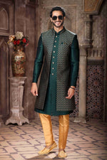 Thumbnail for Raivat Ethnic Banarasi Jacquard and Art Silk Embroidery Work 3 Pcs Indo Jacket Set In Green Colour