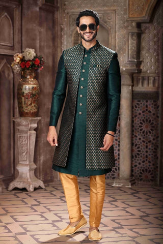 Raivat Ethnic Banarasi Jacquard and Art Silk Embroidery Work 3 Pcs Indo Jacket Set In Green Colour