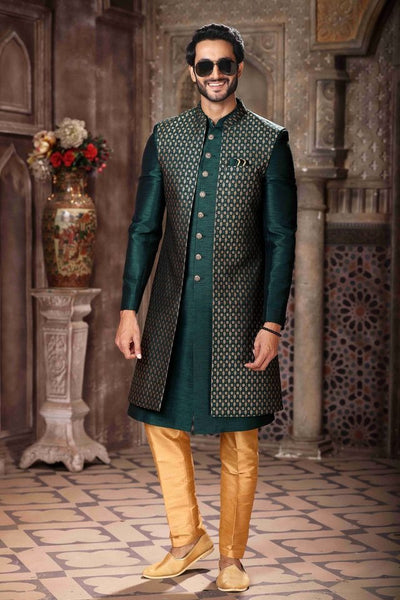 Raivat Ethnic Banarasi Jacquard and Art Silk Embroidery Work 3 Pcs Indo Jacket Set In Green Colour