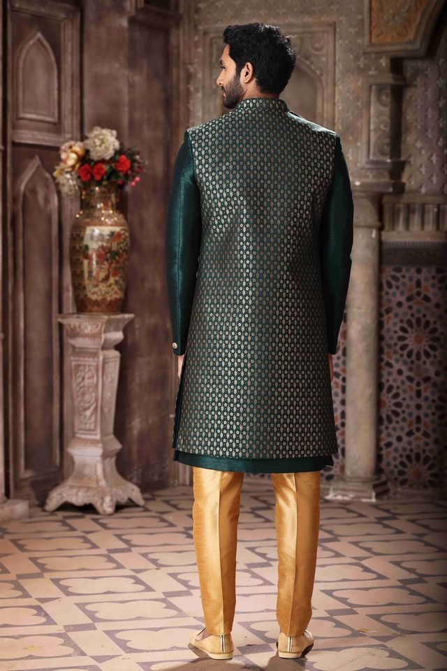 Raivat Ethnic Banarasi Jacquard and Art Silk Embroidery Work 3 Pcs Indo Jacket Set In Green Colour