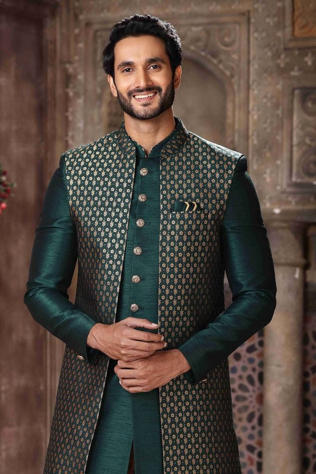 Raivat Ethnic Banarasi Jacquard and Art Silk Embroidery Work 3 Pcs Indo Jacket Set In Green Colour