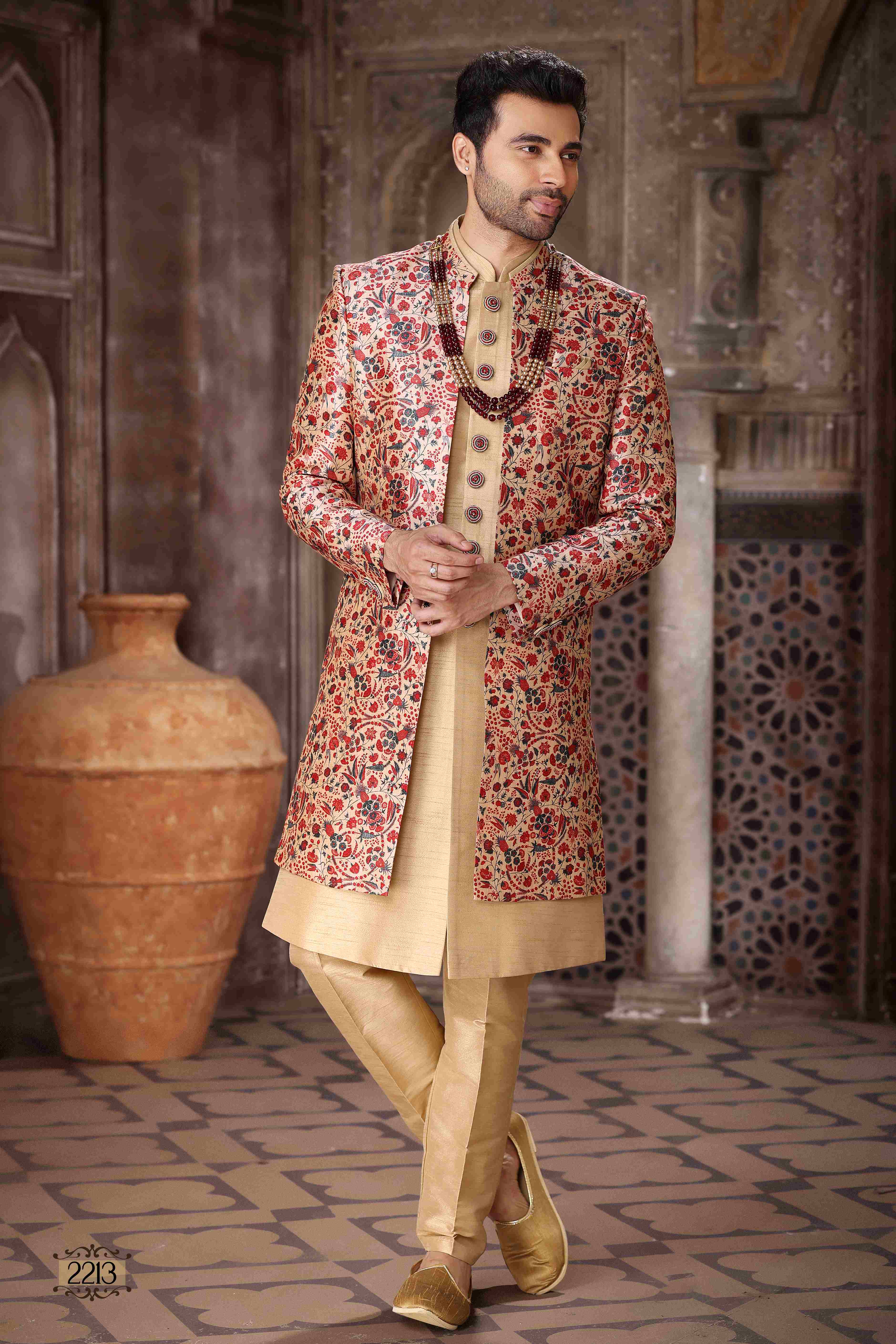 Raivat Ethnic Art Silk Embroidery Work 3 Pcs Indo Jacket Set In Maroon and Beige Colour