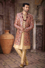 Thumbnail for Raivat Ethnic Art Silk Embroidery Work 3 Pcs Indo Jacket Set In Maroon and Beige Colour