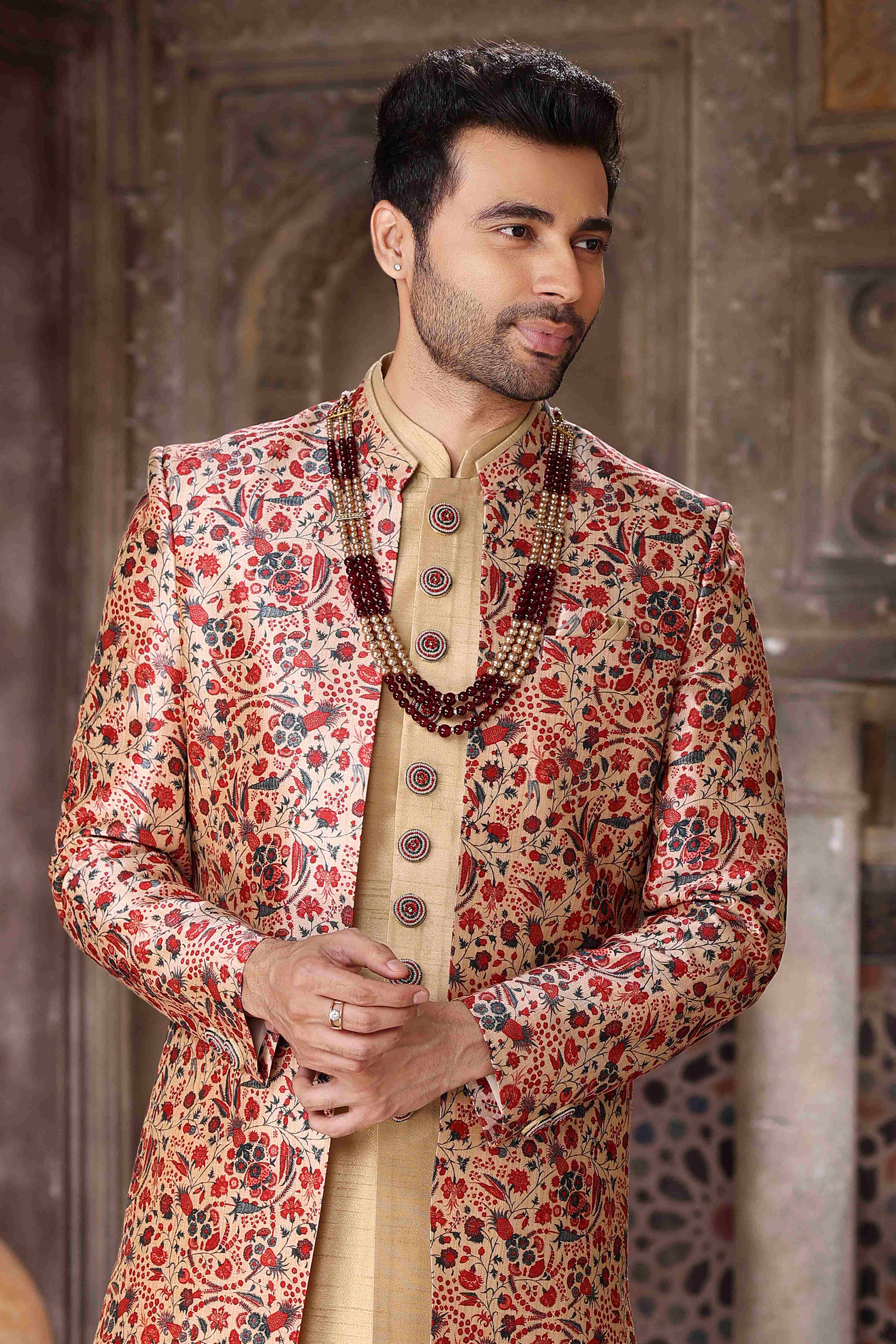 Raivat Ethnic Art Silk Embroidery Work 3 Pcs Indo Jacket Set In Maroon and Beige Colour