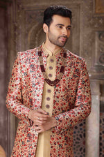 Thumbnail for Raivat Ethnic Art Silk Embroidery Work 3 Pcs Indo Jacket Set In Maroon and Beige Colour