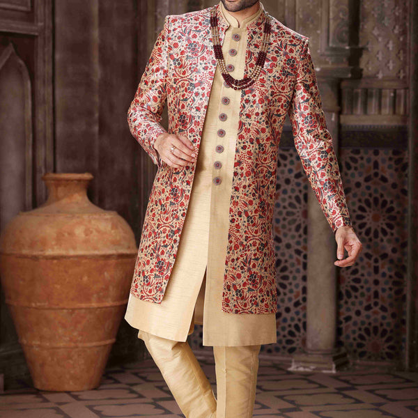 Raivat Ethnic Art Silk Embroidery Work 3 Pcs Indo Jacket Set In Maroon and Beige Colour