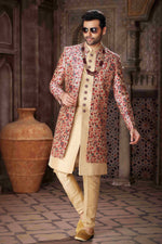 Thumbnail for Raivat Ethnic Art Silk Embroidery Work 3 Pcs Indo Jacket Set In Maroon and Beige Colour