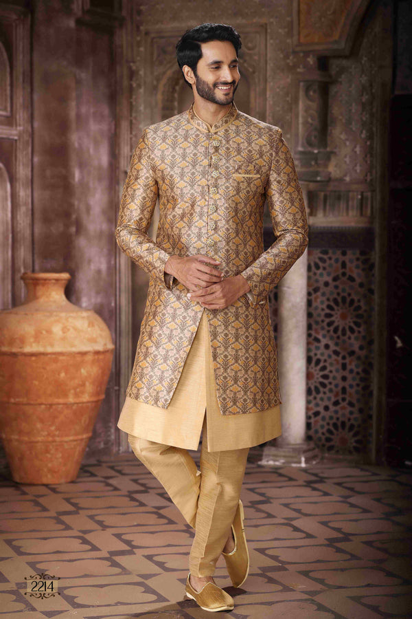 Raivat Ethnic Art Silk Embroidery Work 3 Pcs Indo Jacket Set In Yellow and Beige Colour