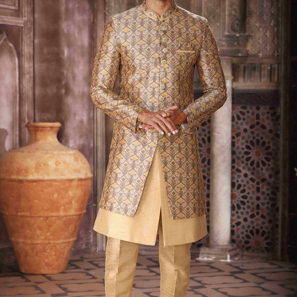 Raivat Ethnic Art Silk Embroidery Work 3 Pcs Indo Jacket Set In Yellow and Beige Colour - Distacart