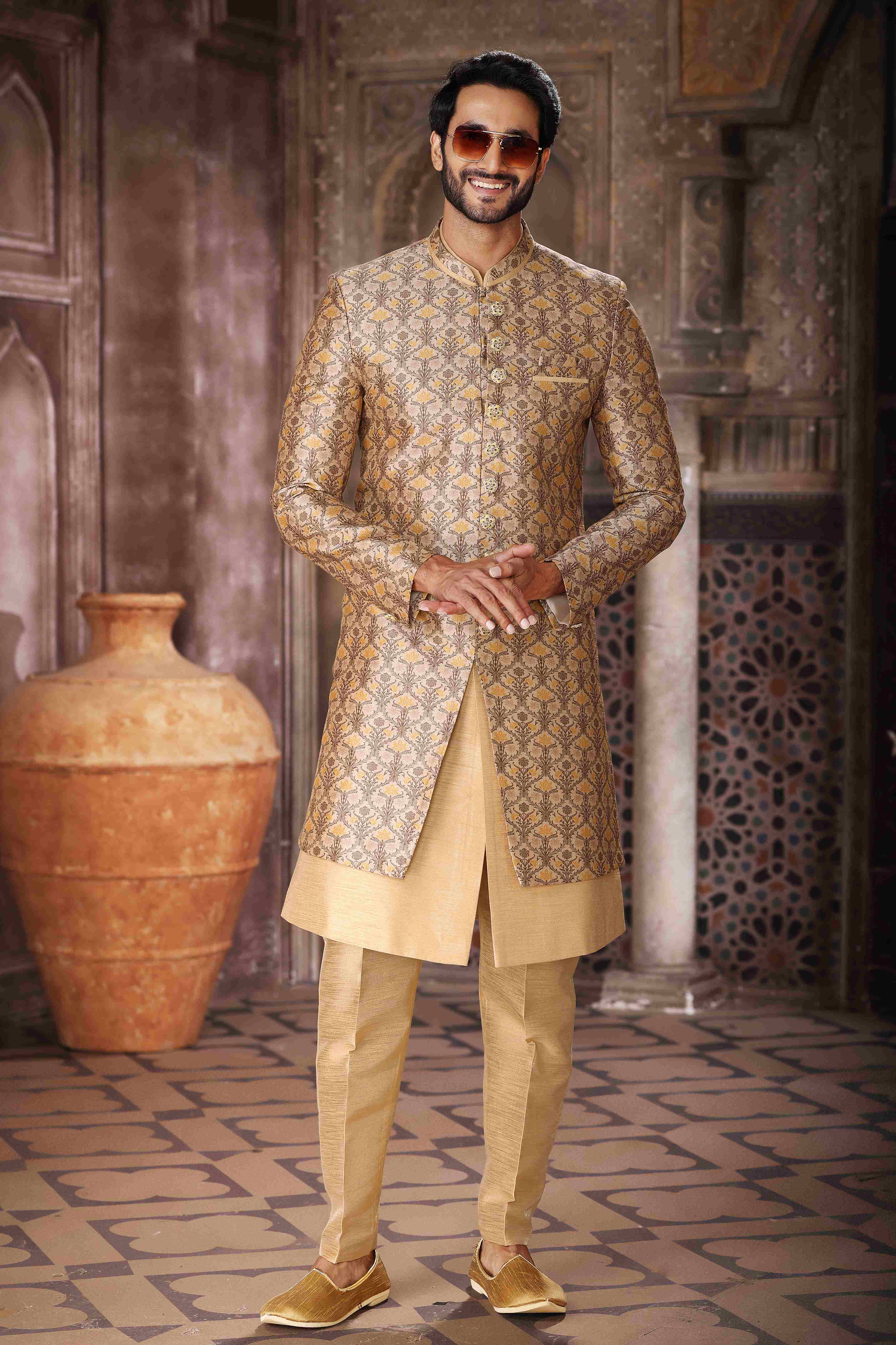 Raivat Ethnic Art Silk Embroidery Work 3 Pcs Indo Jacket Set In Yellow and Beige Colour - Distacart