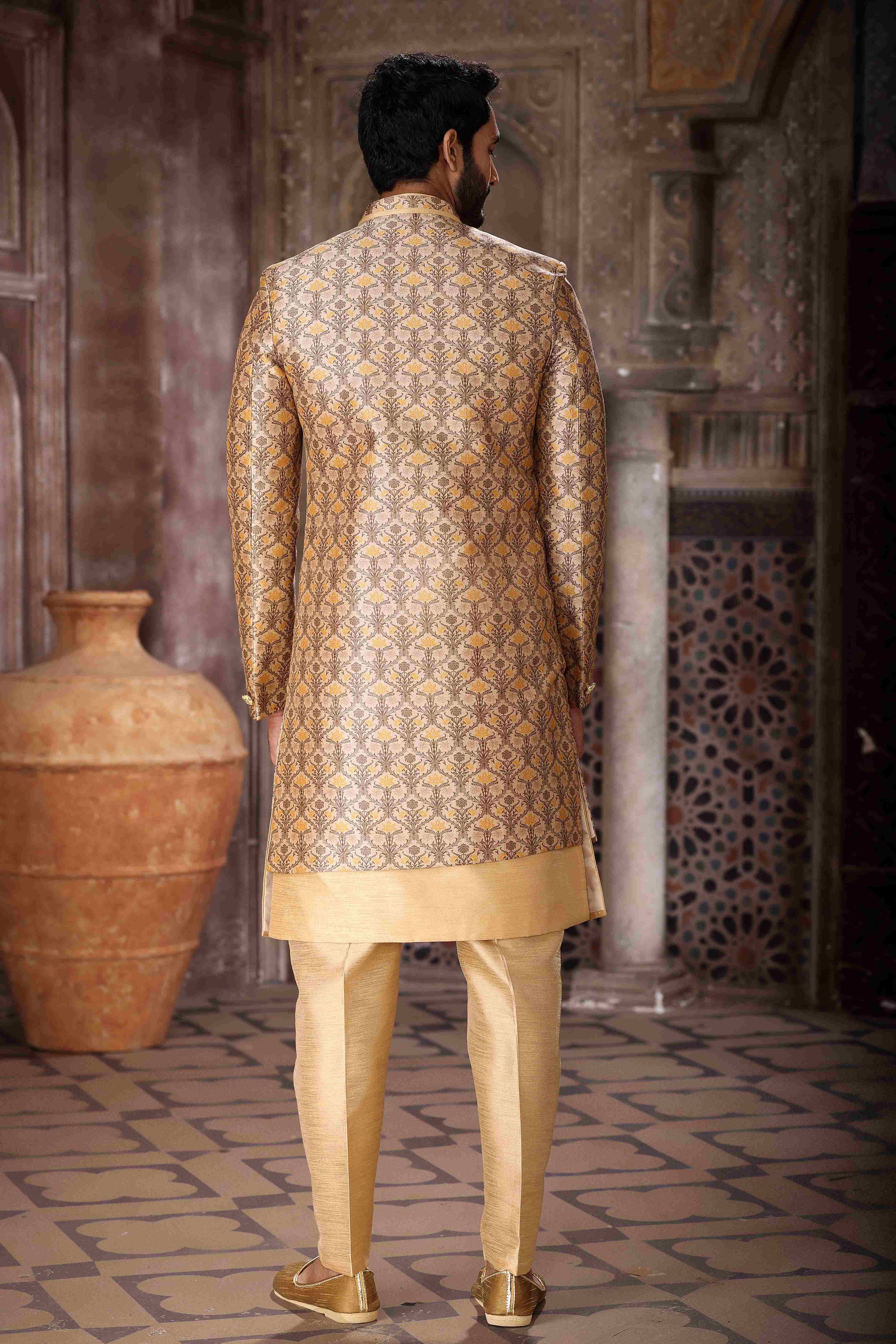 Raivat Ethnic Art Silk Embroidery Work 3 Pcs Indo Jacket Set In Yellow and Beige Colour