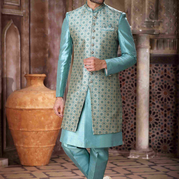 Raivat Ethnic Art Silk Embroidery Work 3 Pcs Indo Jacket Set In Sky Blue Colour