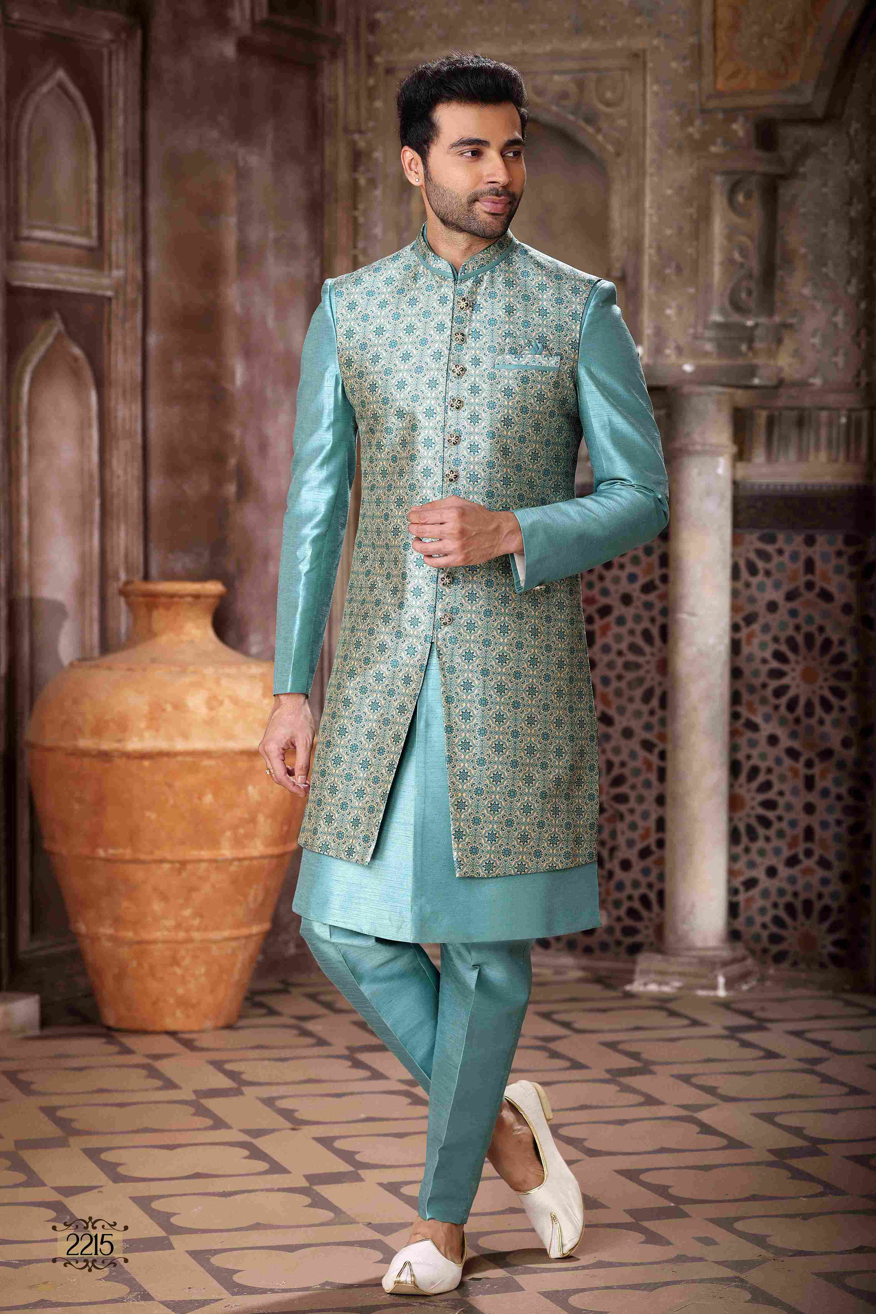 Raivat Ethnic Art Silk Embroidery Work 3 Pcs Indo Jacket Set In Sky Blue Colour - Distacart