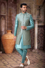 Thumbnail for Raivat Ethnic Art Silk Embroidery Work 3 Pcs Indo Jacket Set In Sky Blue Colour