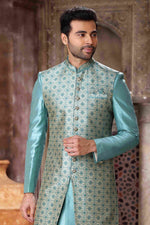 Thumbnail for Raivat Ethnic Art Silk Embroidery Work 3 Pcs Indo Jacket Set In Sky Blue Colour