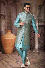 Thumbnail for Raivat Ethnic Art Silk Embroidery Work 3 Pcs Indo Jacket Set In Sky Blue Colour