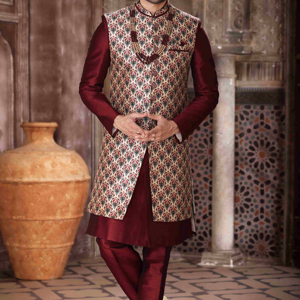 Raivat Ethnic Art Silk Embroidery Work 3 Pcs Indo Jacket Set In Maroon and Wine Colour