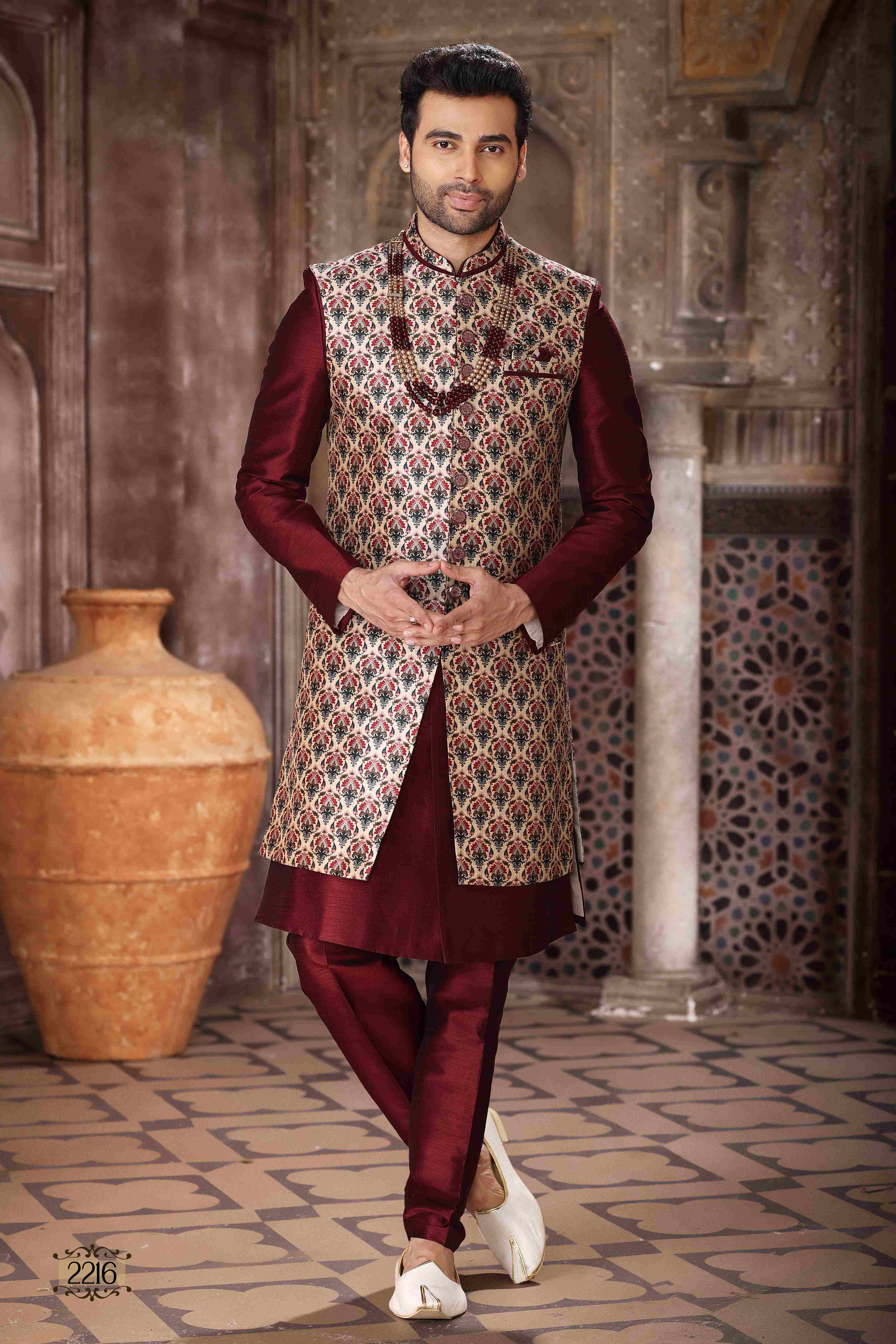 Raivat Ethnic Art Silk Embroidery Work 3 Pcs Indo Jacket Set In Maroon and Wine Colour - Distacart