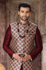 Thumbnail for Raivat Ethnic Art Silk Embroidery Work 3 Pcs Indo Jacket Set In Maroon and Wine Colour