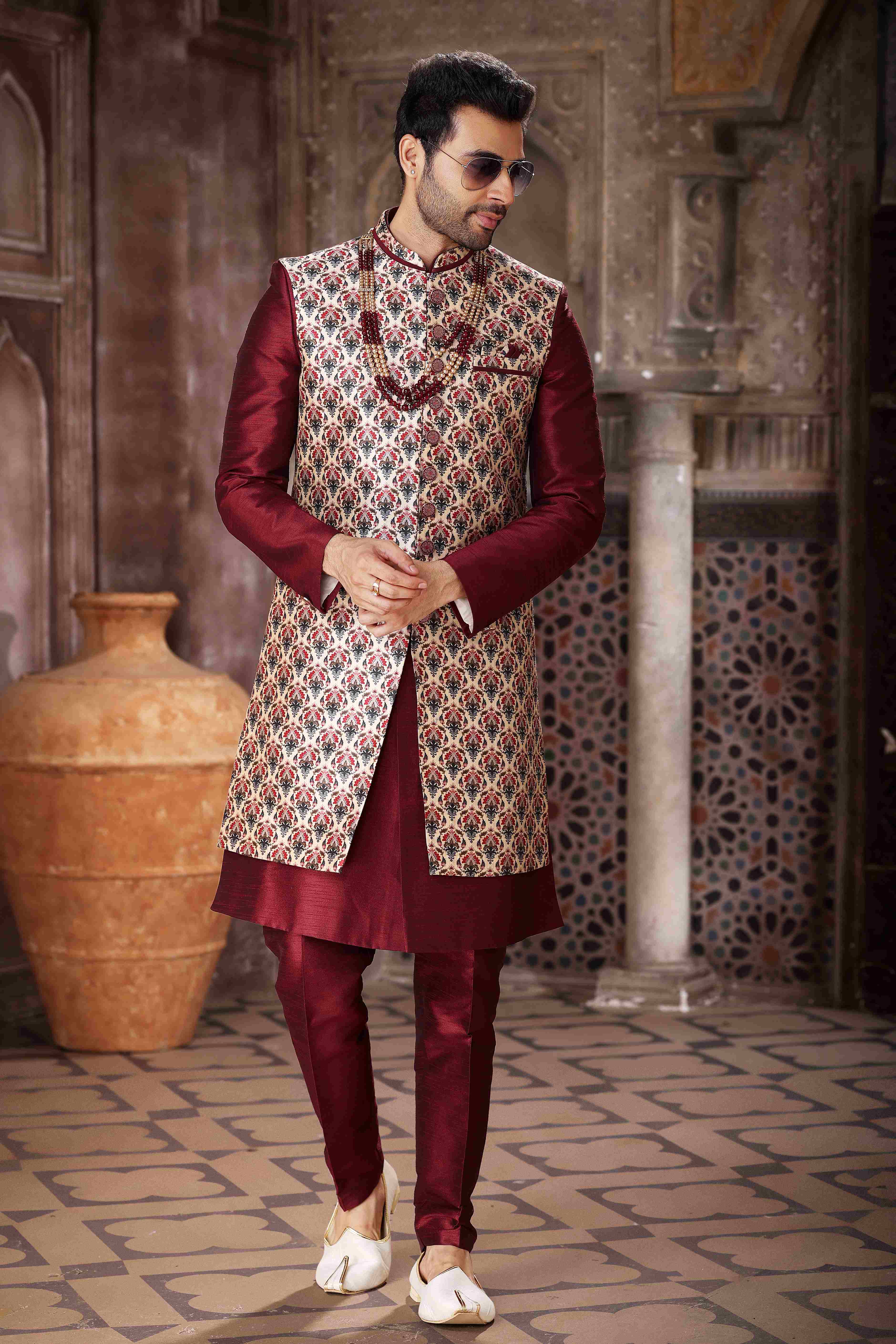 Raivat Ethnic Art Silk Embroidery Work 3 Pcs Indo Jacket Set In Maroon and Wine Colour