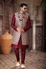 Thumbnail for Raivat Ethnic Art Silk Embroidery Work 3 Pcs Indo Jacket Set In Maroon and Wine Colour