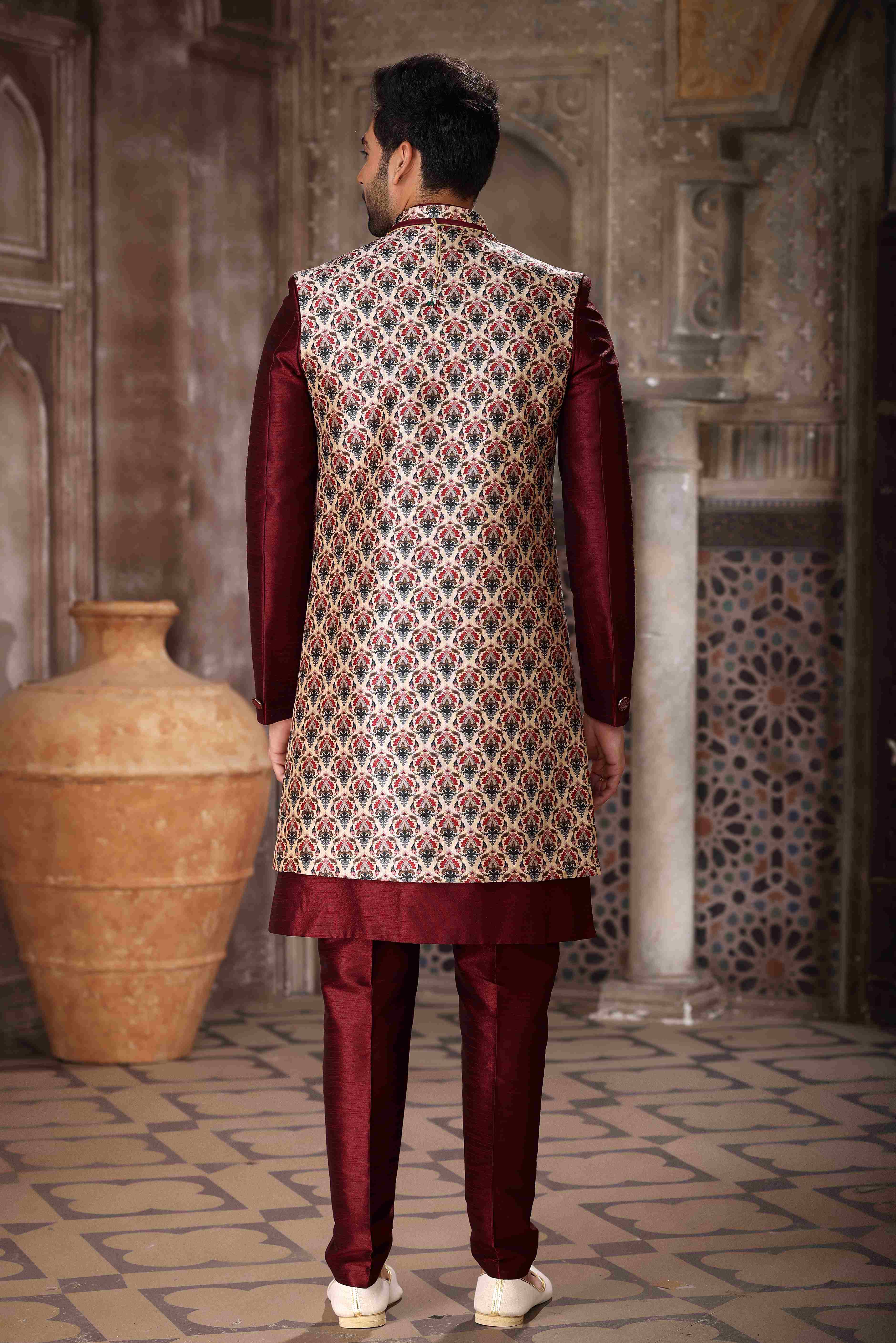 Raivat Ethnic Art Silk Embroidery Work 3 Pcs Indo Jacket Set In Maroon and Wine Colour