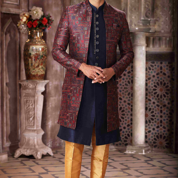 Raivat Ethnic Art Silk Embroidery Work 3 Pcs Indo Jacket Set In Maroon and Blue Colour