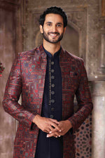 Thumbnail for Raivat Ethnic Art Silk Embroidery Work 3 Pcs Indo Jacket Set In Maroon and Blue Colour