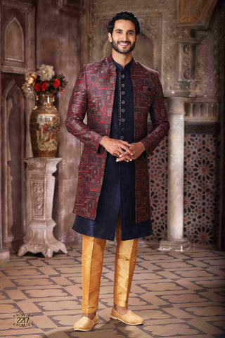 Raivat Ethnic Art Silk Embroidery Work 3 Pcs Indo Jacket Set In Maroon and Blue Colour