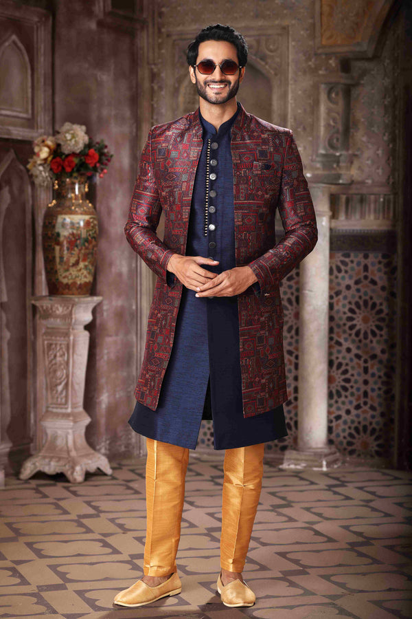 Raivat Ethnic Art Silk Embroidery Work 3 Pcs Indo Jacket Set In Maroon and Blue Colour