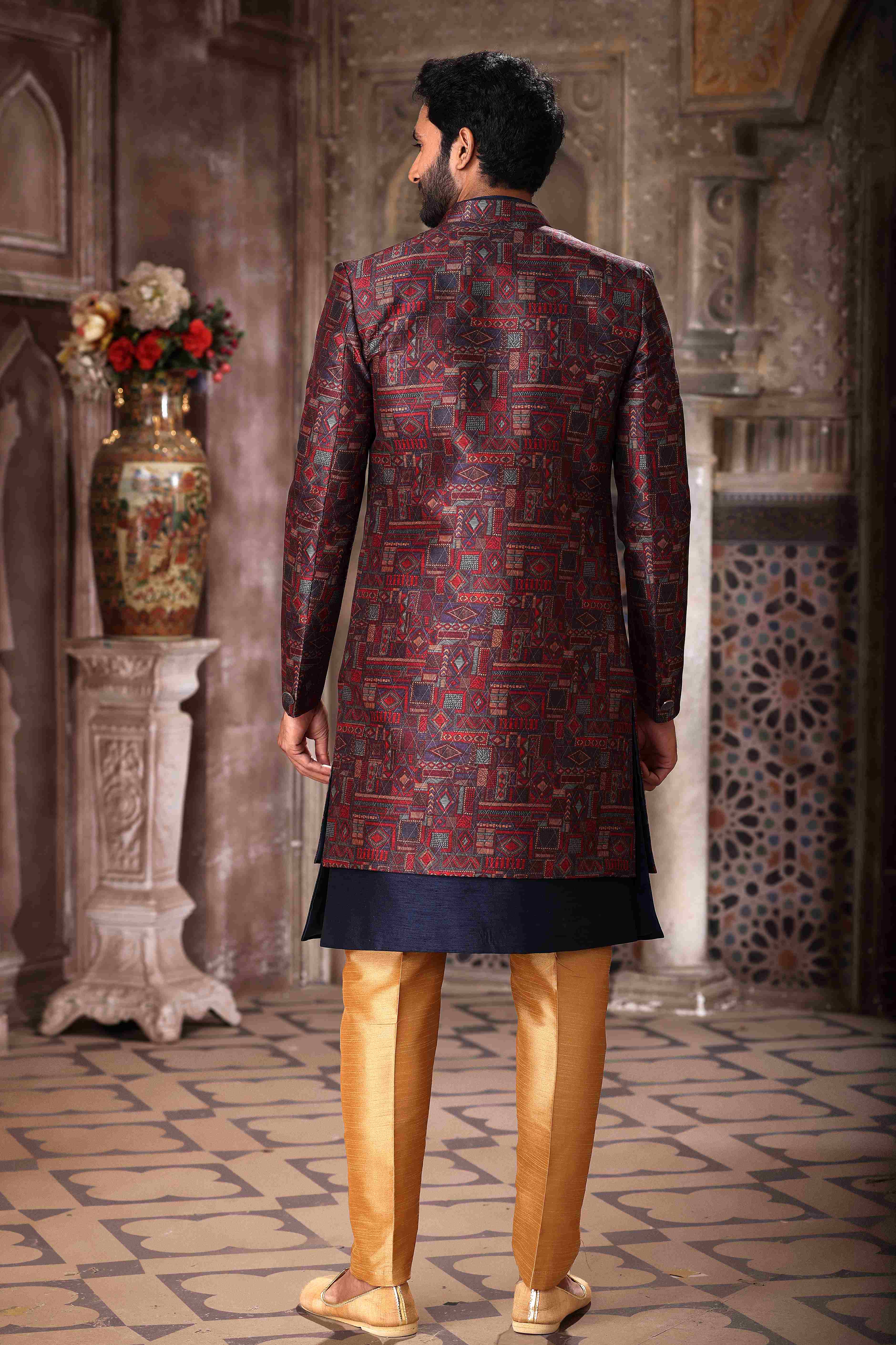 Raivat Ethnic Art Silk Embroidery Work 3 Pcs Indo Jacket Set In Maroon and Blue Colour