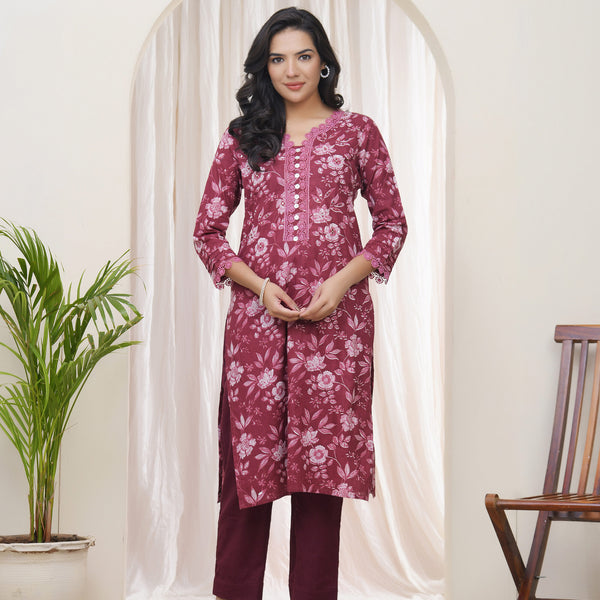 Vaasva Women Magenta Cotton Printed Straight Kurti