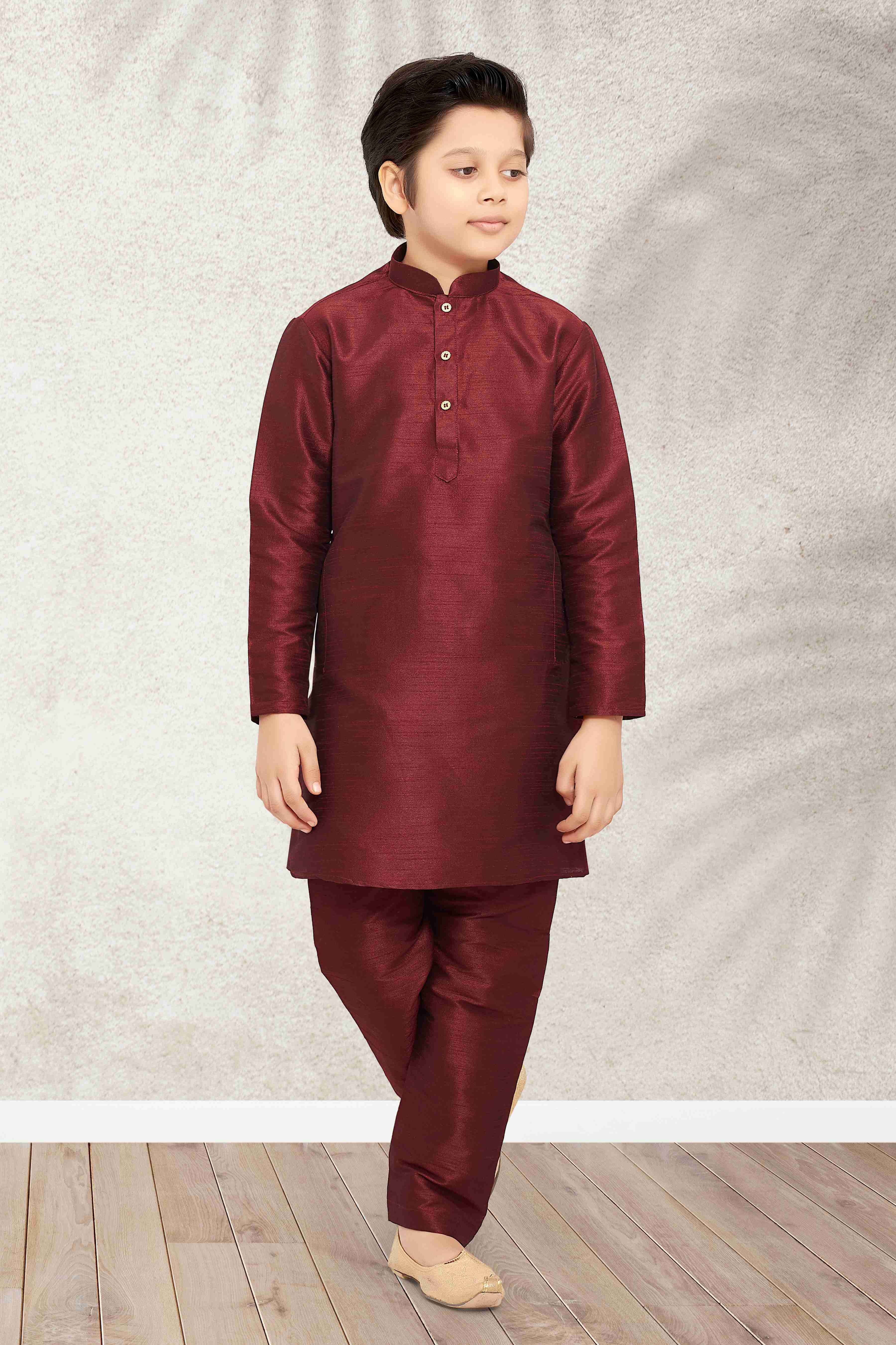 Raivat Ethnic Art Banarasi Silk Kids Kurta Pajama In Maroon Colour - Distacart