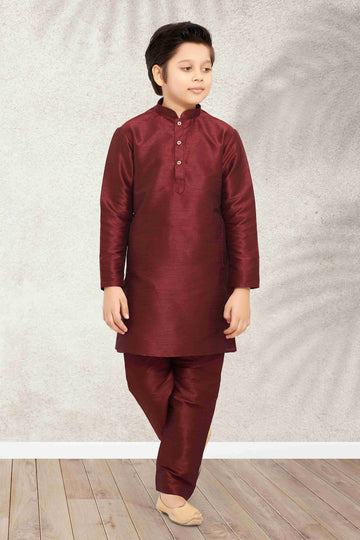 Raivat Ethnic Art Banarasi Silk Kids Kurta Pajama In Maroon Colour - Distacart
