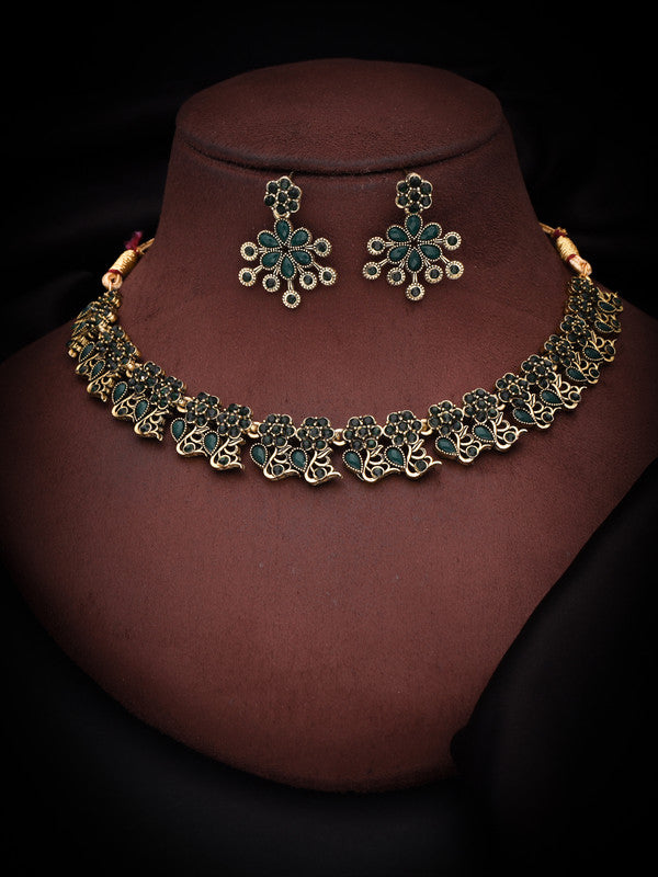 Tehzeeb Creations Luxurious Gold Polished Green Colour Diamond Choker Necklace Set With Matching Earrings - Distacart