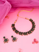 Thumbnail for Tehzeeb Creations Luxurious Gold Polished Green Colour Diamond Choker Necklace Set With Matching Earrings - Distacart