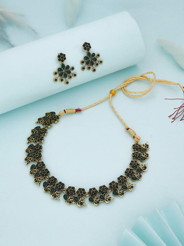 Tehzeeb Creations Luxurious Gold Polished Green Colour Diamond Choker Necklace Set With Matching Earrings - Distacart
